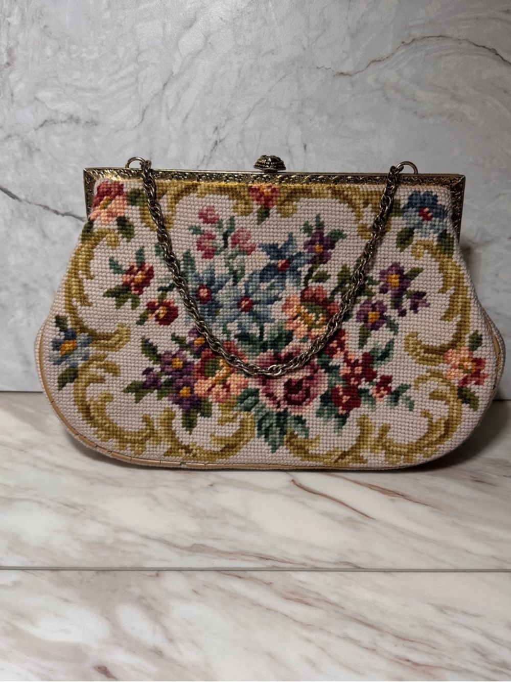 Vintage 1950s Floral Needlepoint Clutch Tapestry Purse Gold Frame Chain Strap